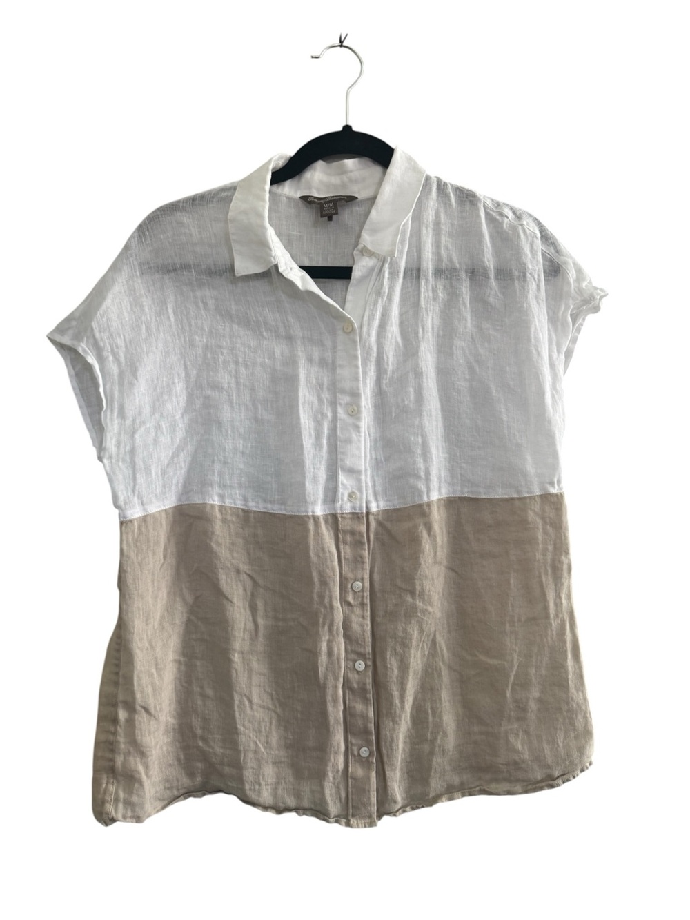 Tommy Bahama women Medium White Beige Linen collared button Sheer Top #7446